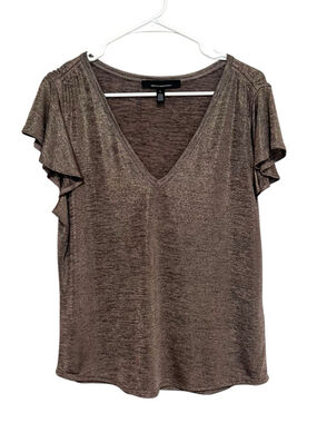 White House Black Market Gold Bronze Metallic Tee Large Flutter Sleeve Glam Top